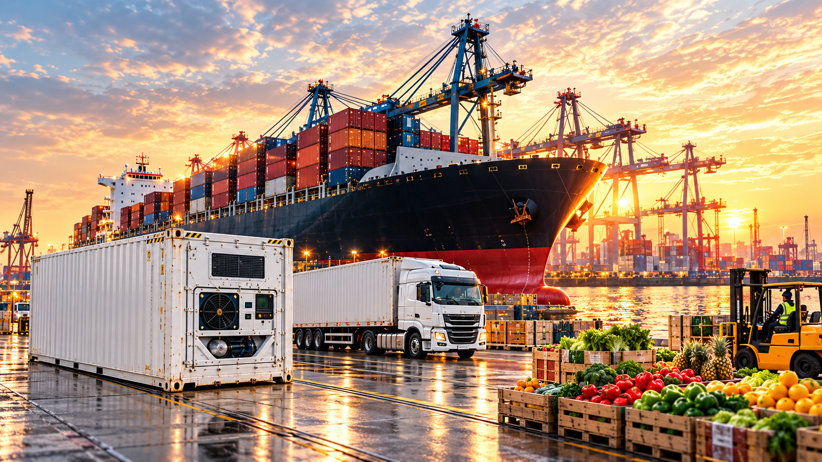 Container ship at port with reefer truck and fresh produce