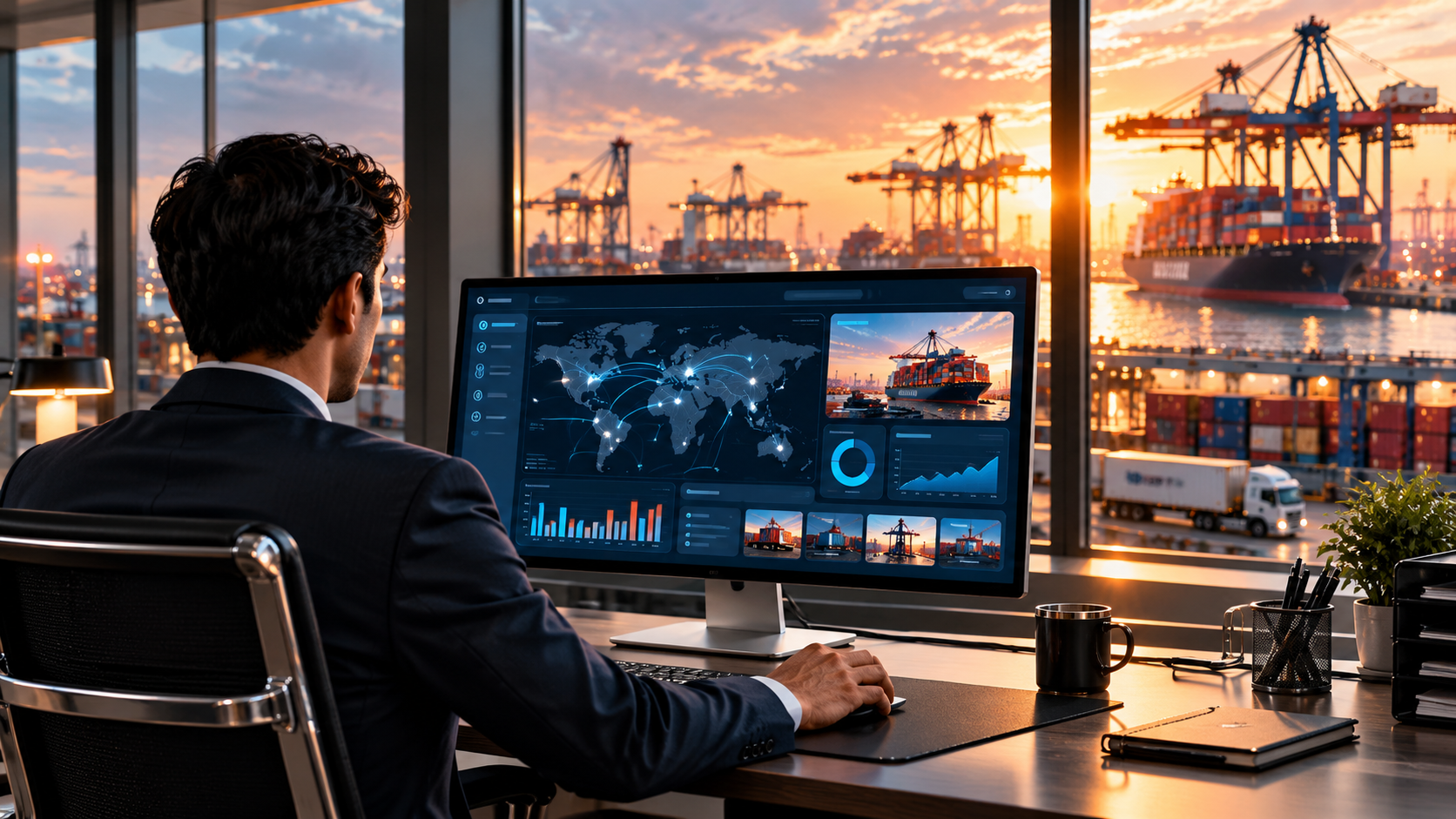 Professional at laptop with port at sunset